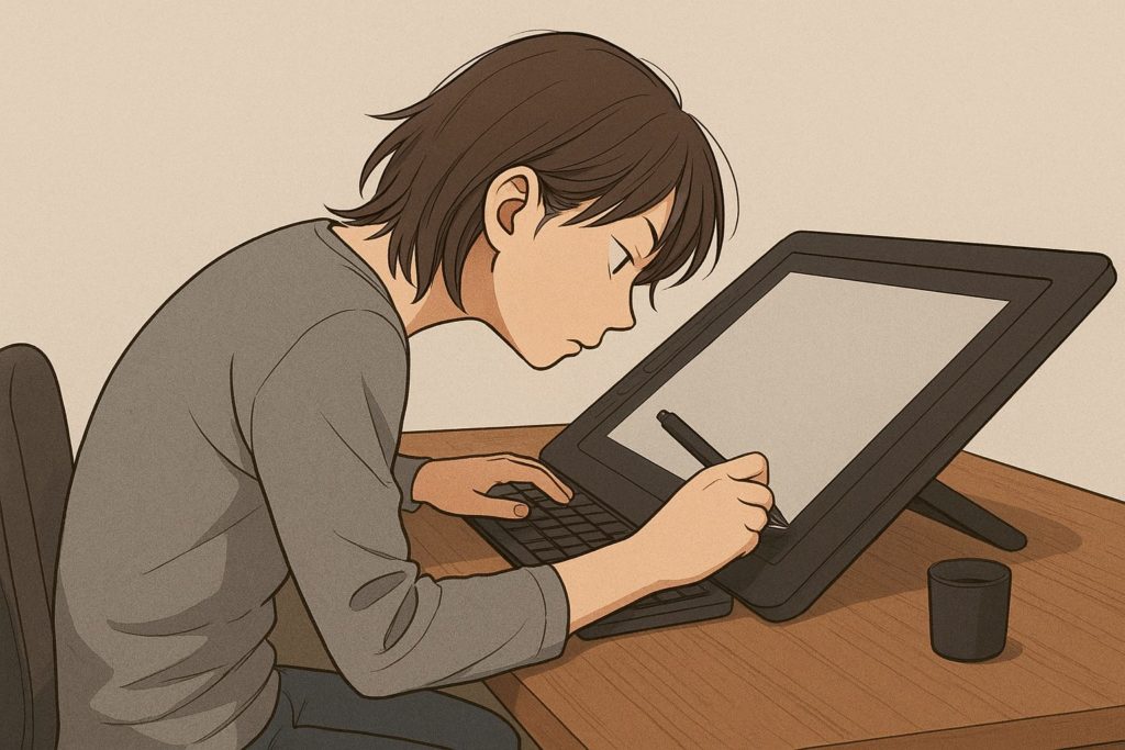 不適切な姿勢での液タブ作業