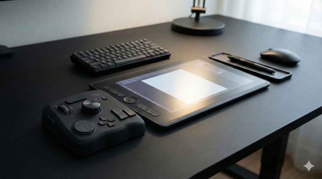 液タブの左に左手デバイス(TourBox)を置いた効率重視な配置のイメージ