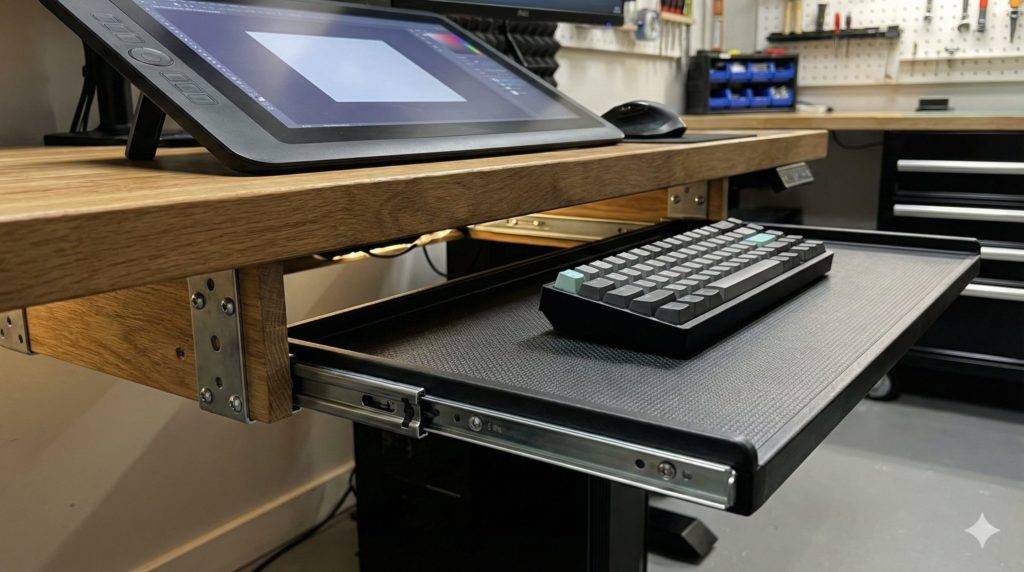 キーボードスライダーを使ってデスクの下でキーボードを使用するイメージ