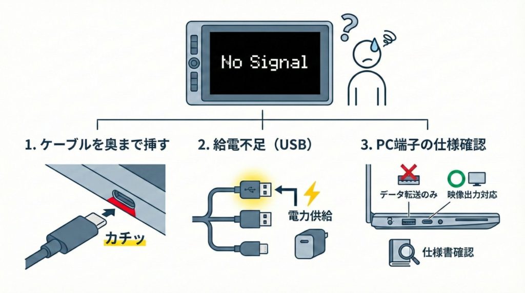 「No Signal」と表示される原因TOP3のチェックリスト画像。1. ケーブルの奥まで挿さっていない 2. 給電不足（USBをコンセントへ） 3. PC側の端子が映像出力非対応