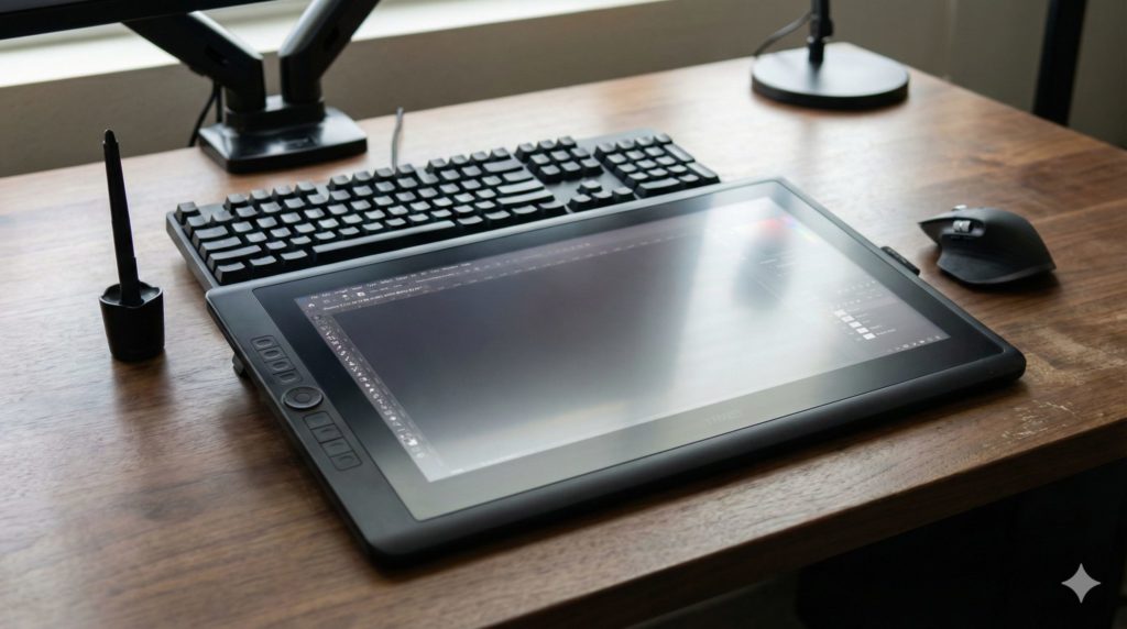 液タブを手前、キーボードを奥に配置するスタンダードなスタイルのイメージ