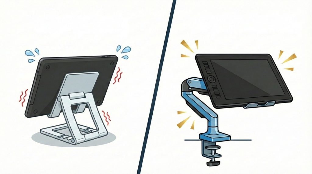 「100均グッズ」と「専用アーム」の安定性を比較するイラスト