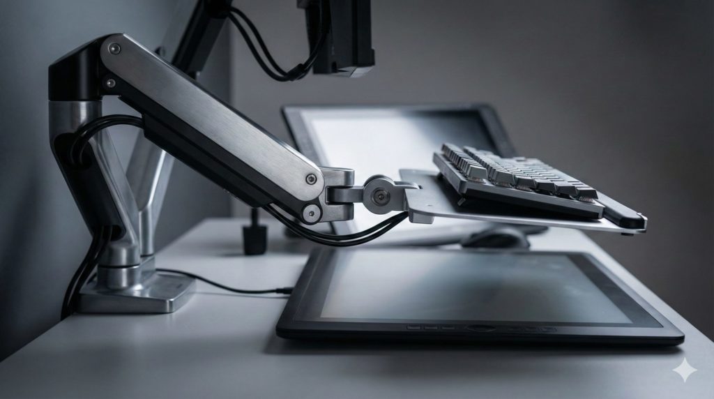 液タブを机に置いてデスクアームを使ってキーボードを上の空間で使用するイメージ