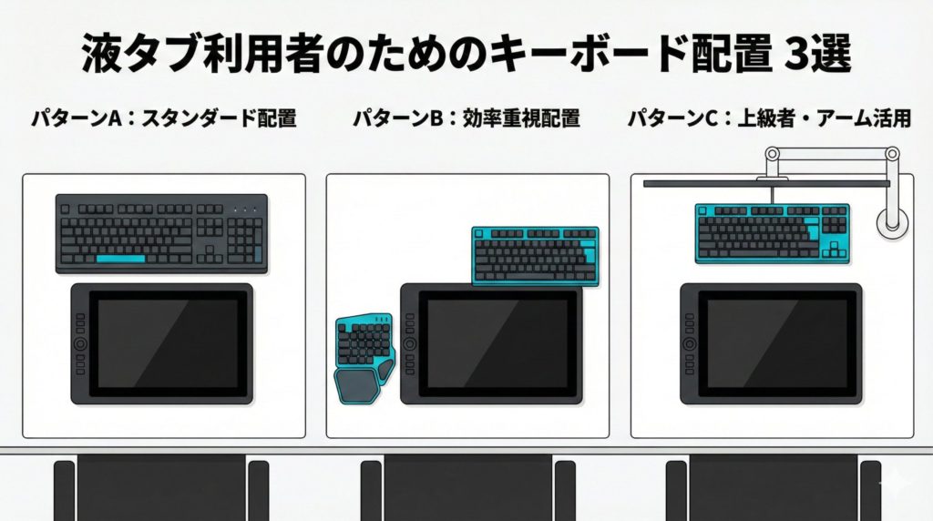 デスクを真上から見た配置図（俯瞰図）。パターンA: 液タブの奥にキーボード、パターンB: 左手デバイス + コンパクトキーボード、パターンC: モニターアームで浮かす