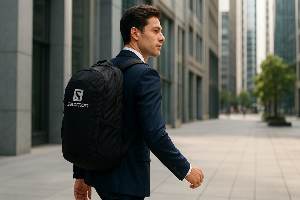 きれいめなジャケットスタイルの人物が、サロモンの黒いリュックを背負って颯爽と街を歩いているイメージ写真