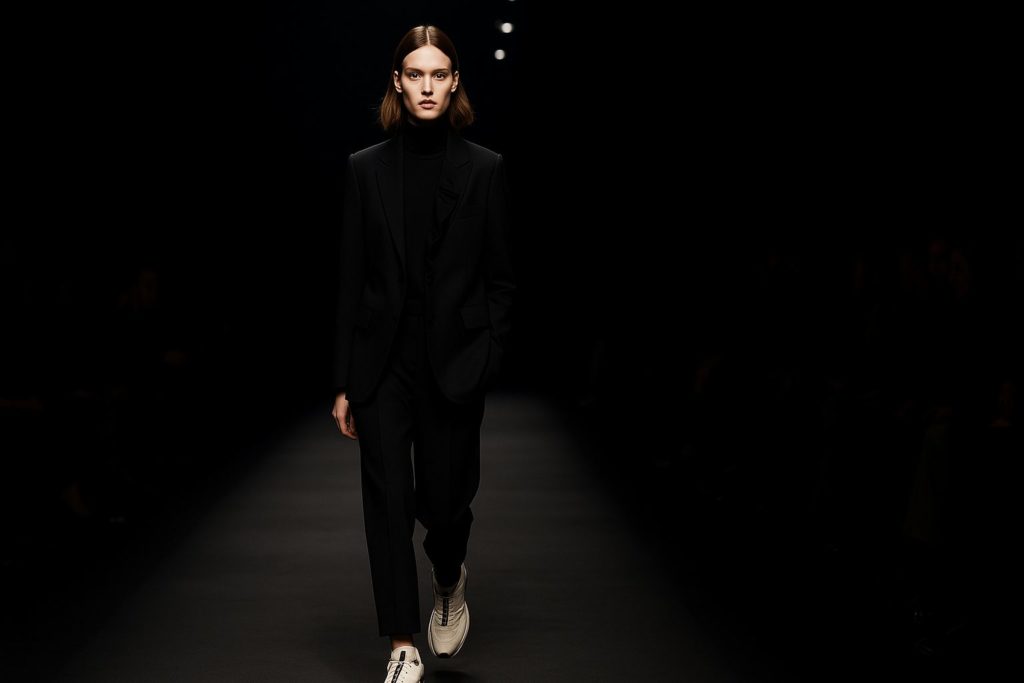 ファッションショーのランウェイを歩くモデルがサロモンのスニーカーを履いているスタイリッシュなイメージ写真