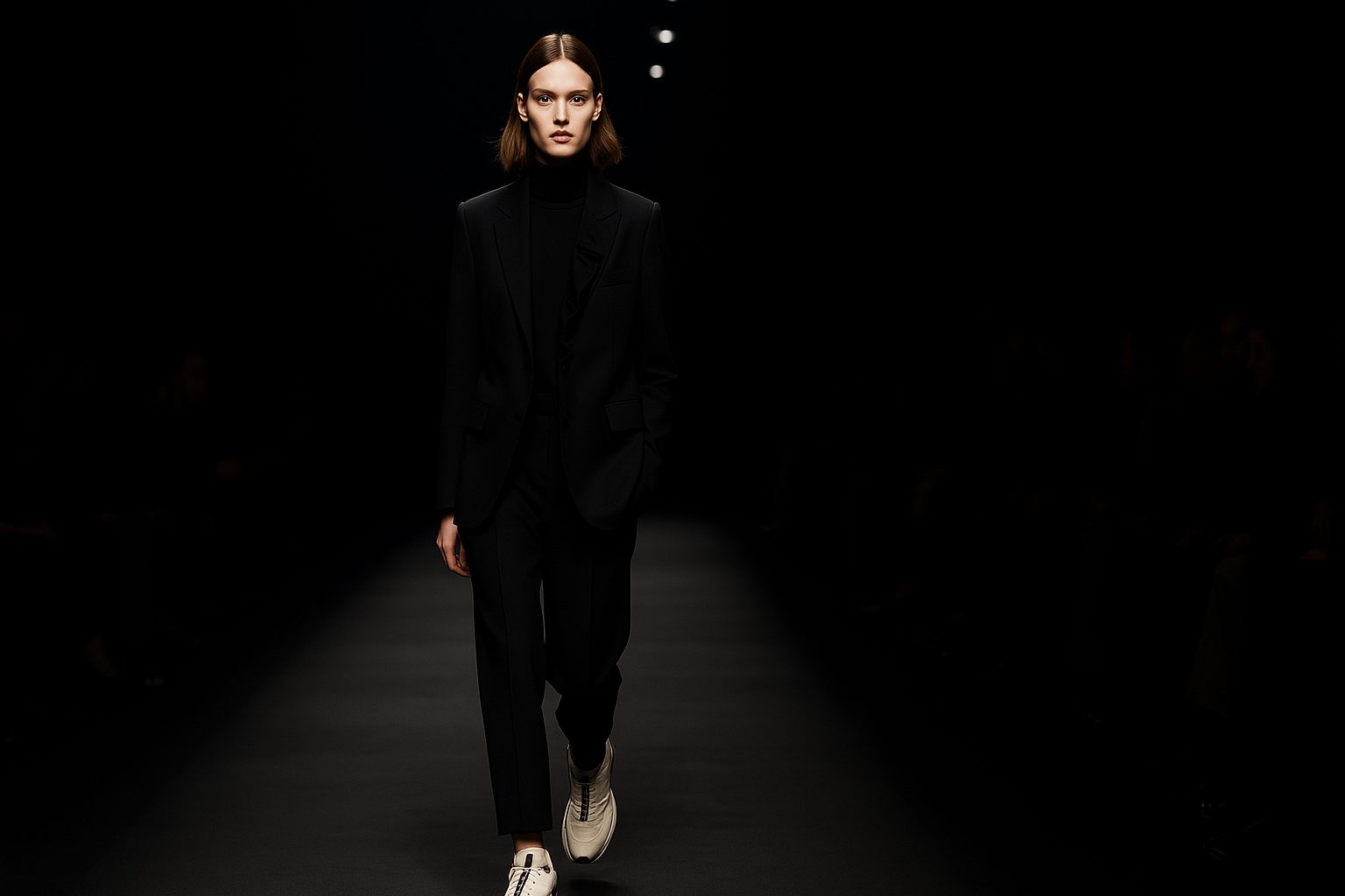 ファッションショーのランウェイを歩くモデルがサロモンのスニーカーを履いているスタイリッシュなイメージ写真