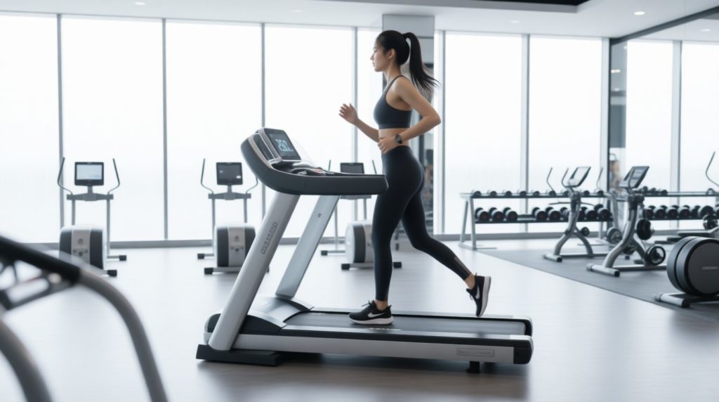 ジムで正しいフォームでランニングマシーンを走る女性
