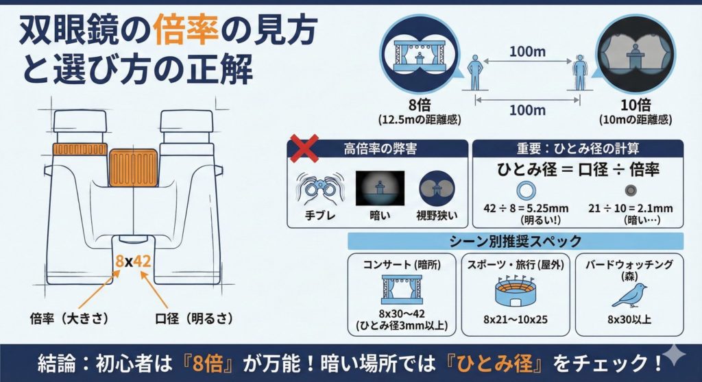 双眼鏡の倍率の見方を表した図解