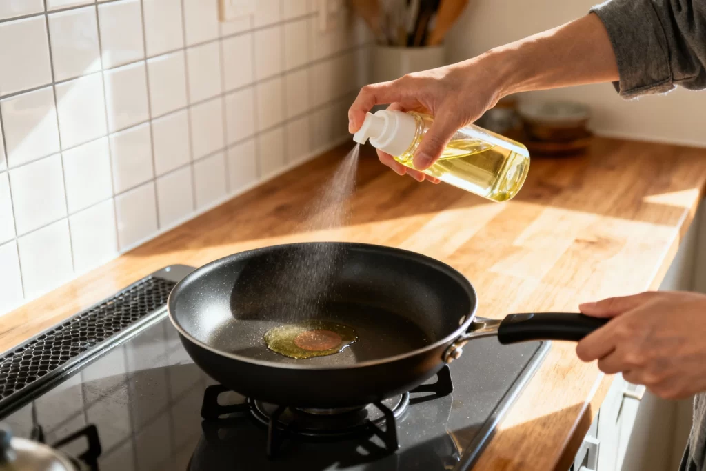 100均オイルスプレーでフライパンに油を吹きかけている様子
