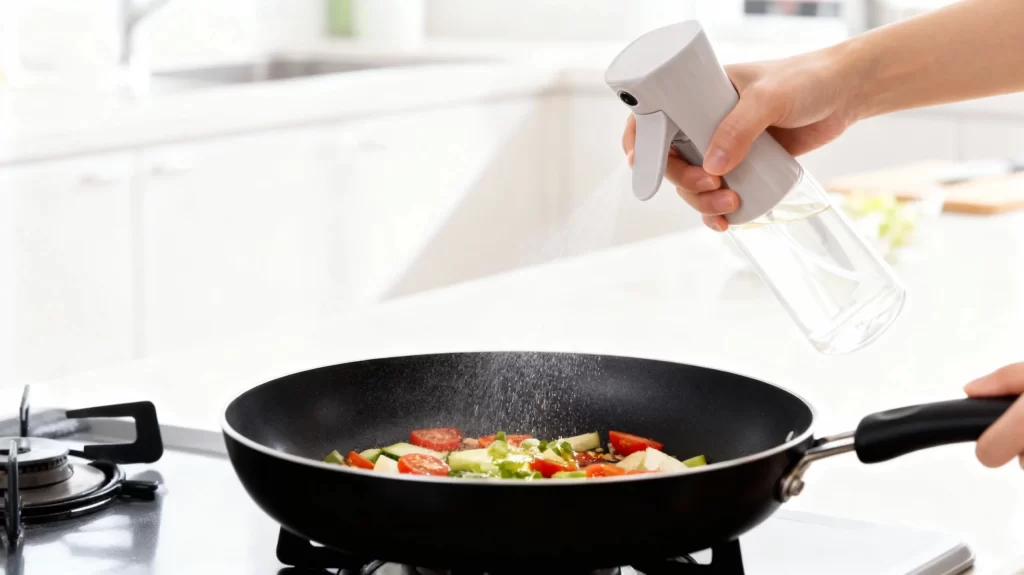 オイルスプレーでヘルシー調理をする様子