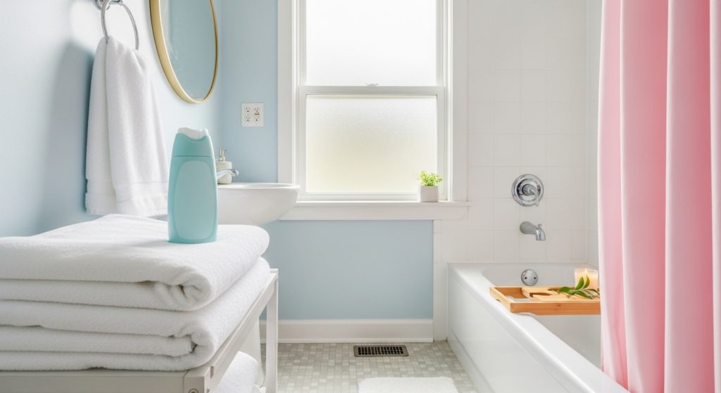 ふわふわのタオルと柔軟剤のボトルが並んでいる明るい洗面所の画像