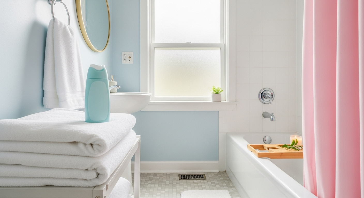 ふわふわのタオルと柔軟剤のボトルが並んでいる明るい洗面所の画像