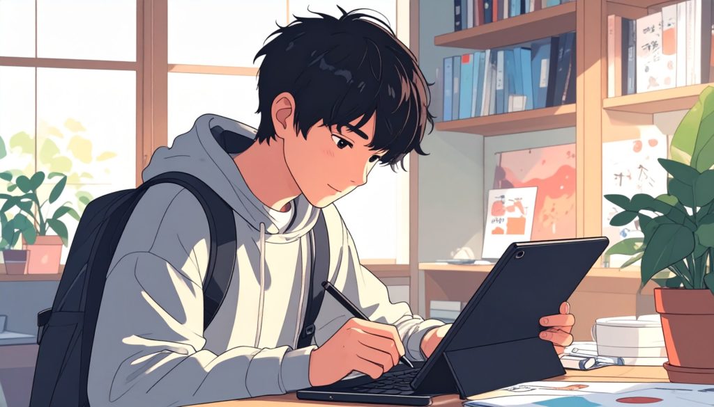 液タブでデジタルイラストを楽しむ学生