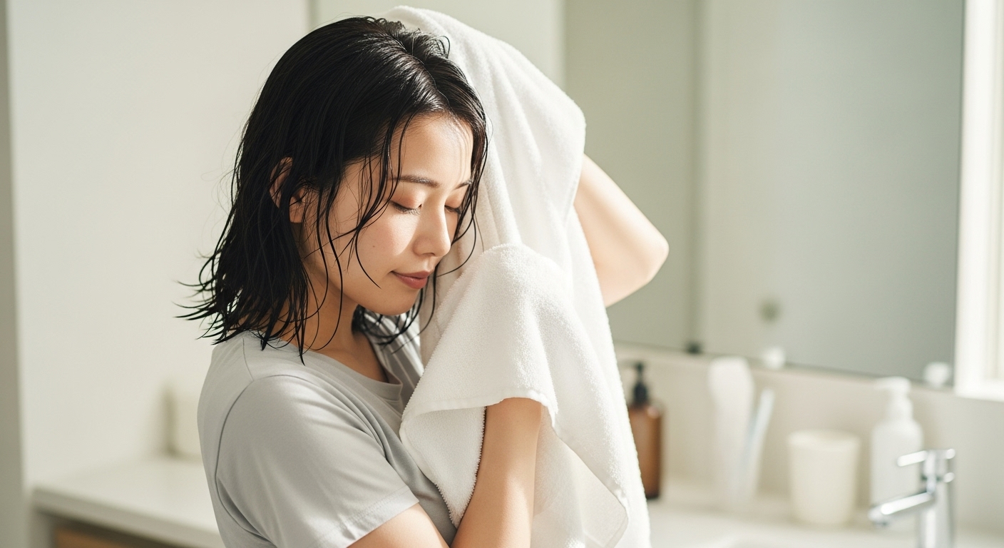 ダイソーの吸水タオルでヘアドライする女性