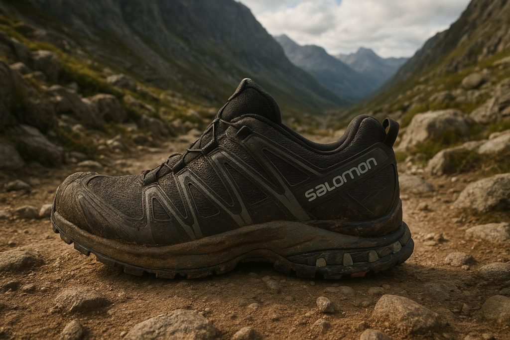 険しい山道を背景に置かれたサロモンXA PRO 3Dのイメージ