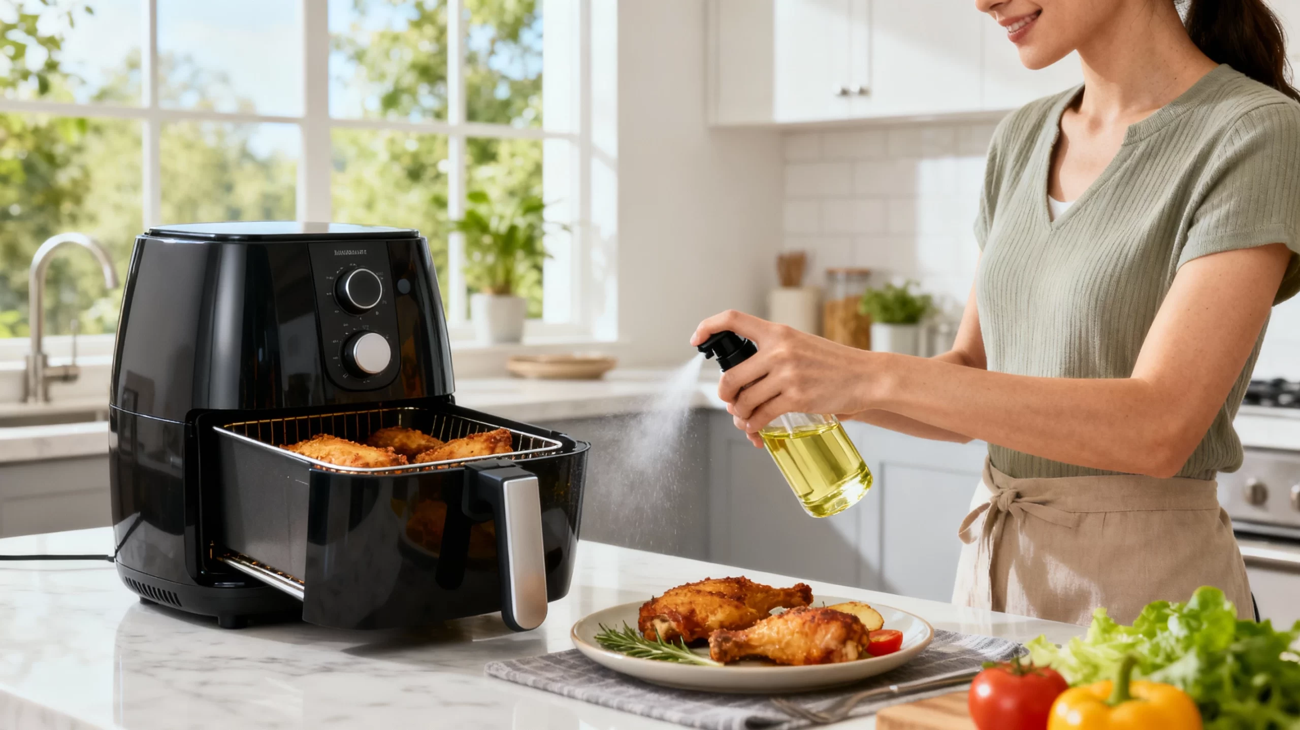 ノンフライヤーでオイルスプレーを使用している様子