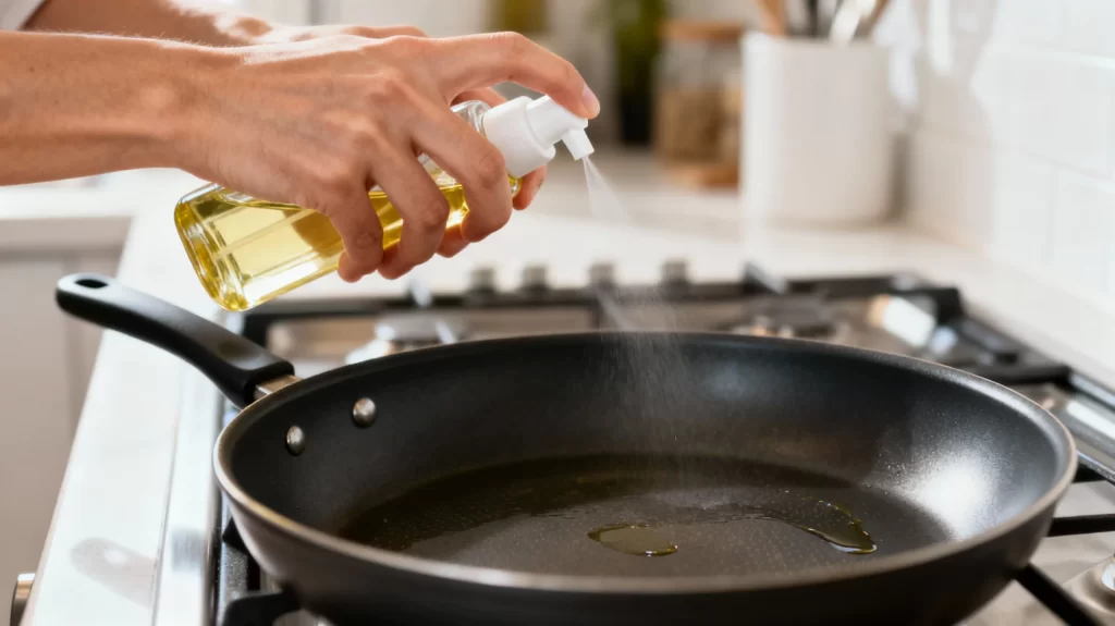 フライパンにオイルスプレーを吹きかけている写真