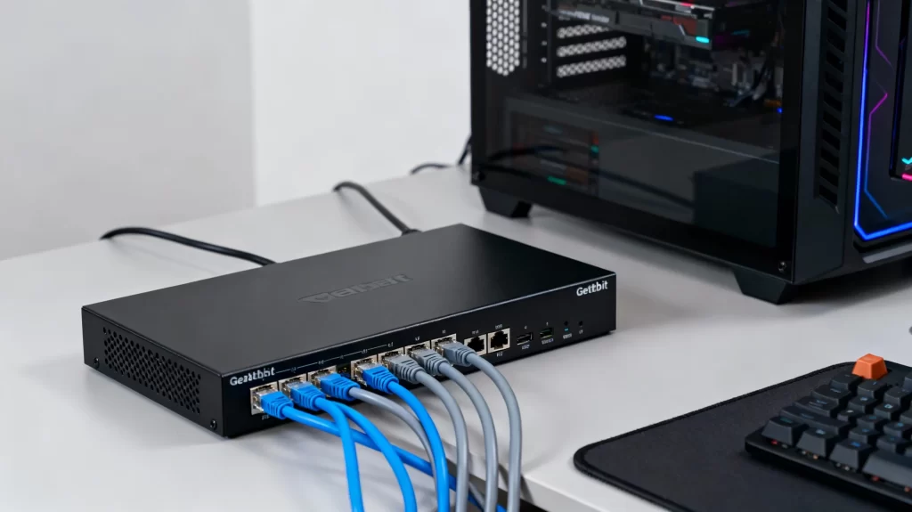 ゲーミングPCとスイッチングハブのイメージ画像