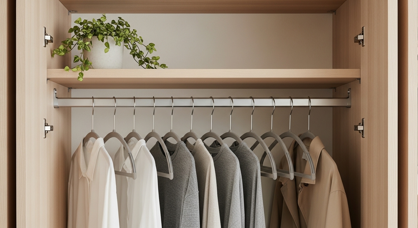 滑らないハンガーで整理されたクローゼットの写真