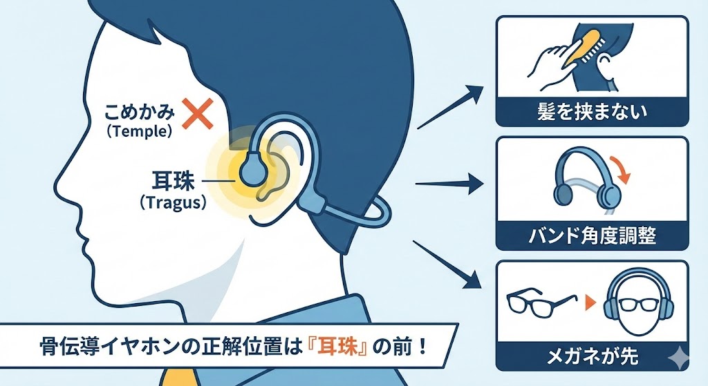 骨伝導イヤホンを付ける位置を解説：耳珠（じじゅ）の位置図解
