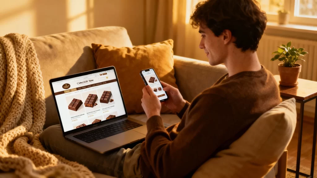 スマートフォンで割れチョコを通販購入する様子