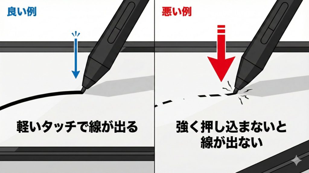 ON荷重の図解。左が軽いタッチで線が出るON荷重、右が強く押し込まないと線が出ないON荷重の例