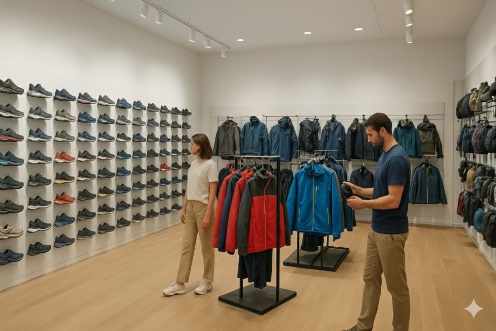 サロモンのアウトレット店内で、スニーカーやアパレルが陳列されている様子のイメージ
