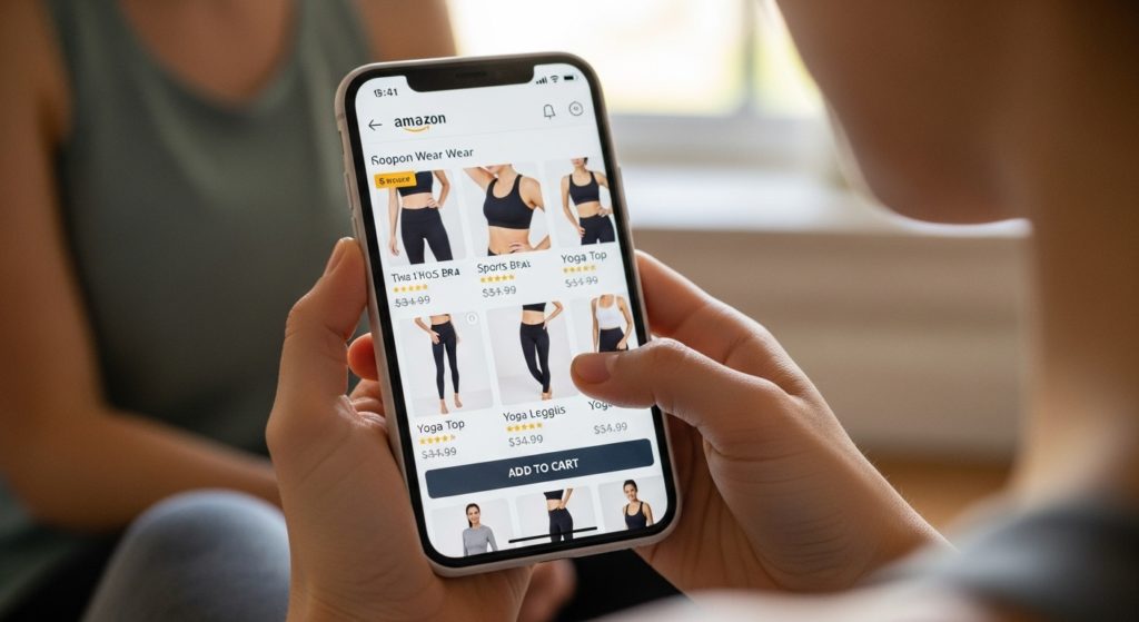 amazonでヨガウェアを購入しているイメージ