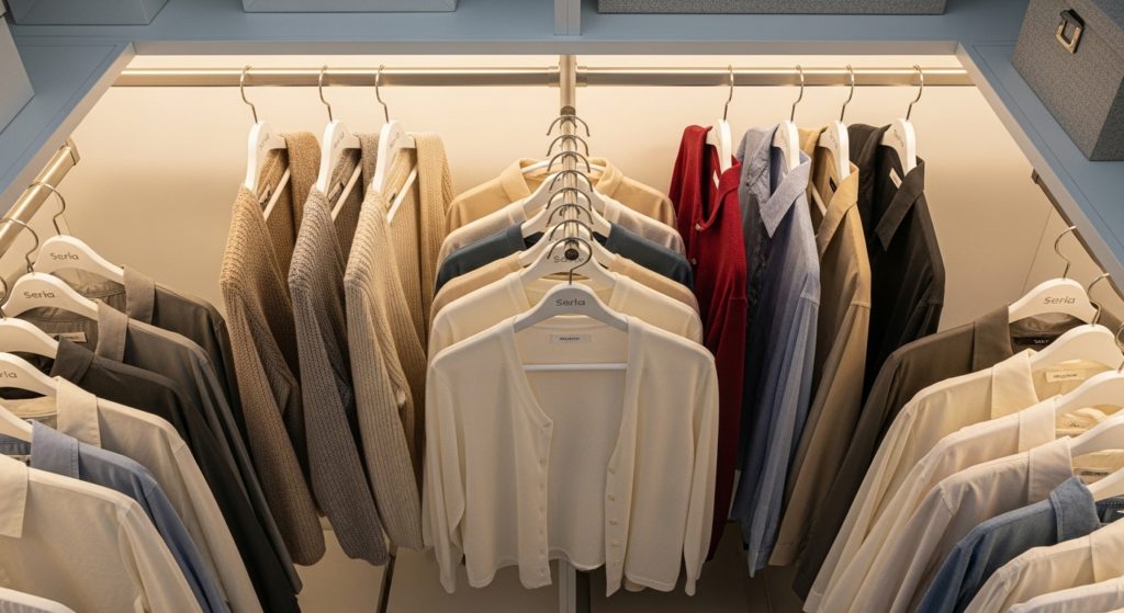セリアのノンスリップハンガーで整理されたクローゼットのイメージ