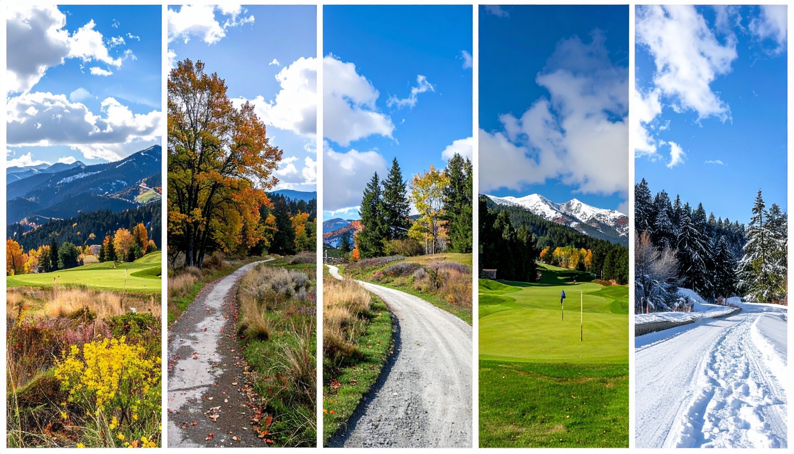 レイル、登山道、ゴルフコース、雪道など、様々なシーンの風景を5分割でコラージュした画像