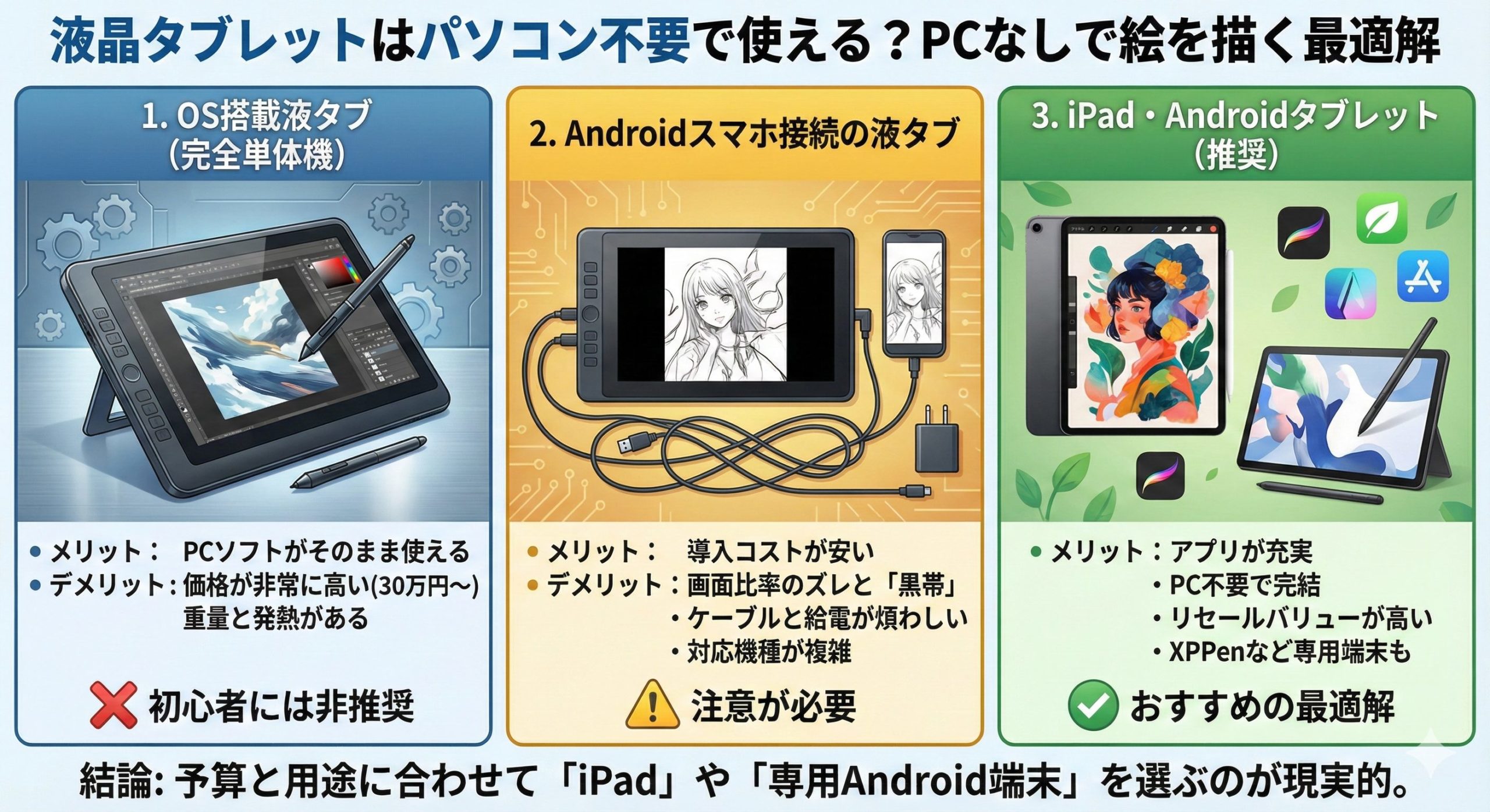 液晶タブレットはパソコン不要で使えるかの答えを描いたイメージ画像