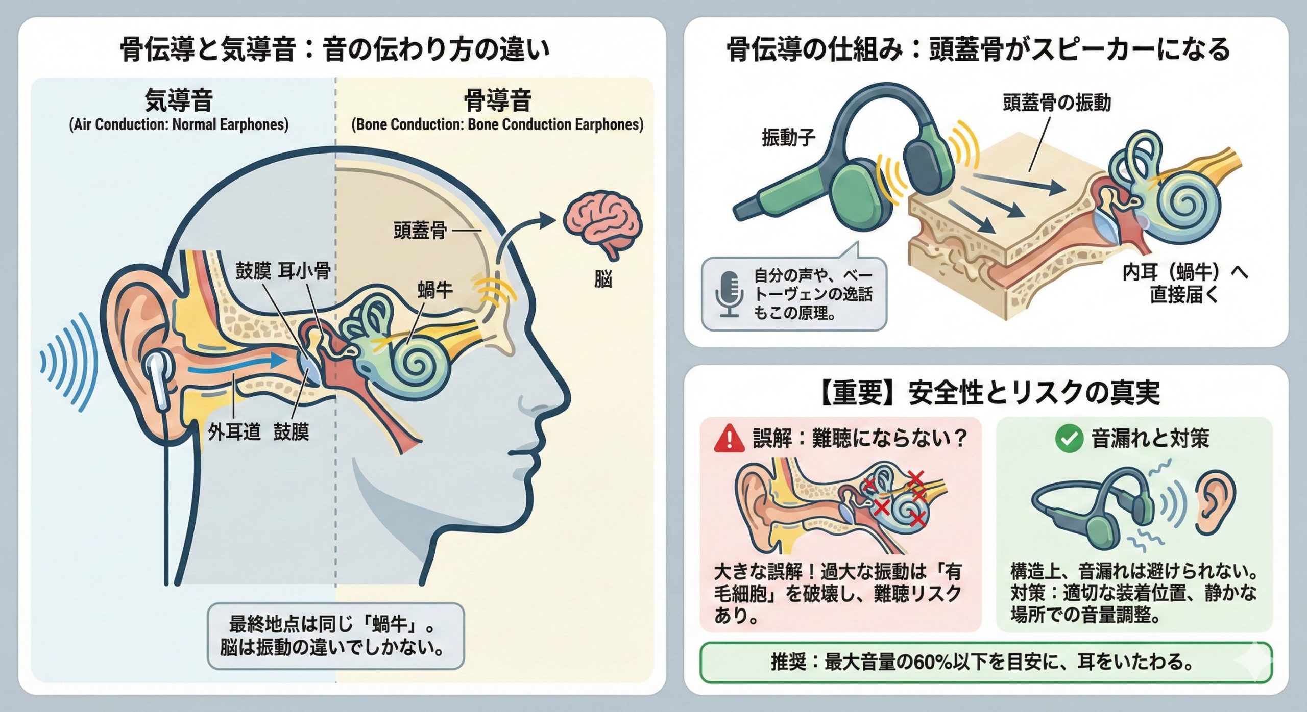 骨伝導イヤホンの原理を解説したイラスト