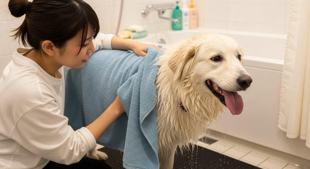 ペット用の吸水タオルで愛犬をタオルドライしているイメージ