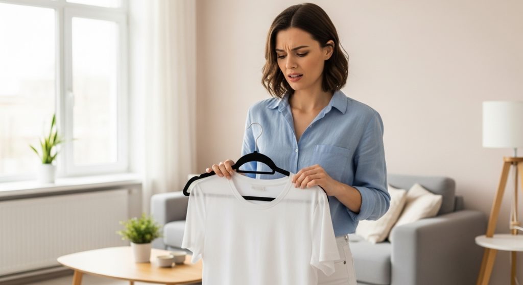 滑らないハンガーがベタベタして困っている女性のイメージ