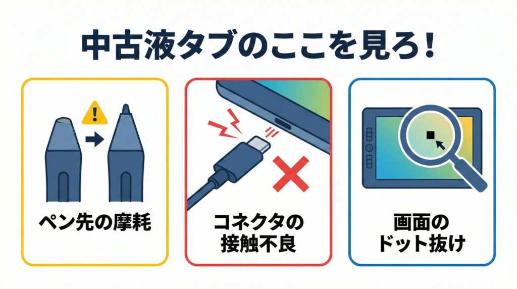 「中古液タブのここを見ろ!」チェックリストのイラスト。ペン先の摩耗 / コネクタの接触不良 / 画面のドット抜け