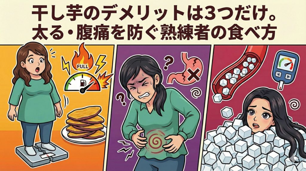 干し芋の3つのデメリットを表したイメージ画像