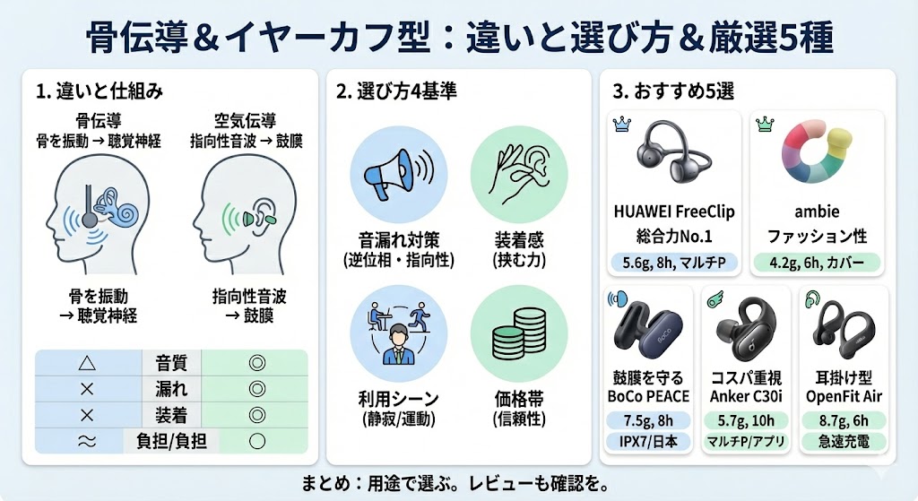 骨伝導イヤホンとイヤーカフ型イヤホンの違いと仕組み、選び方の基準と実際の商品を説明したイメージ図