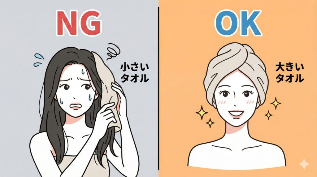 ロングヘアの女性が小さい吸水タオルと大きい吸水タオルで髪が全部入るかの比較イメージ
