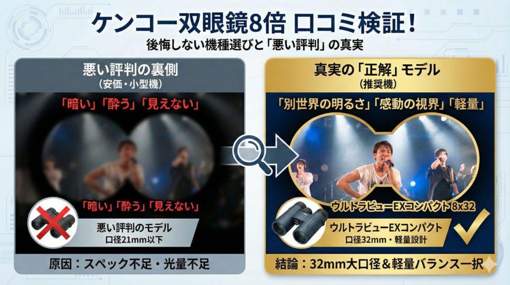 ケンコー双眼鏡の8倍製品の口コミから正解モデルを導き出すイメージ画像