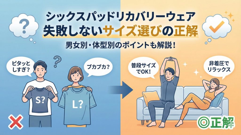 シックスパッドリカバリーウェアのサイズ感を解説したイラスト