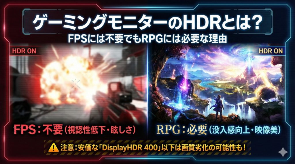 ゲーミングモニターのHDRがFPSには不要でRPGには必要なことを表したイメージ画像