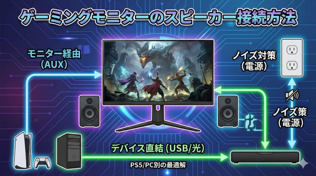 ゲーミングモニターのスピーカー接続方法を表したイメージ図