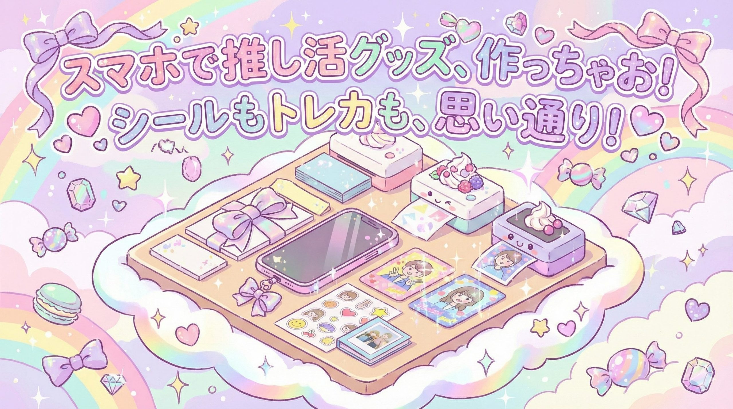 フォトプリンターでシールやトレカなどの推し活グッズを作るイメージイラスト