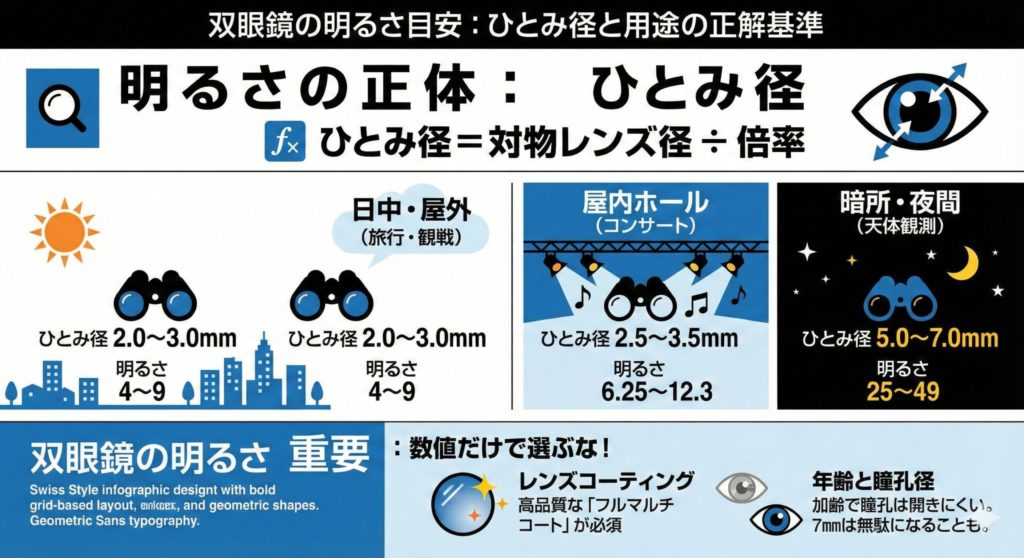 双眼鏡の明るさ目安の図解