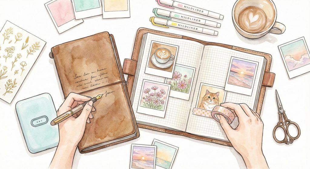 ほぼ日手帳やトラベラーズノートに写真を貼ってデコレーションしている様子