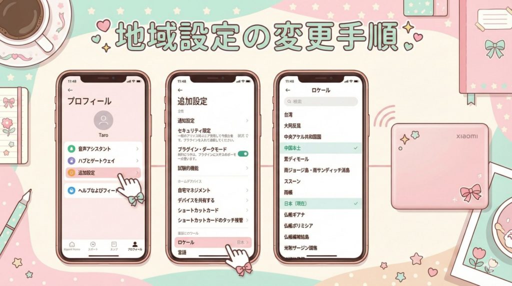 Xiaomi Homeアプリの地域設定を変更する手順の図解イラスト