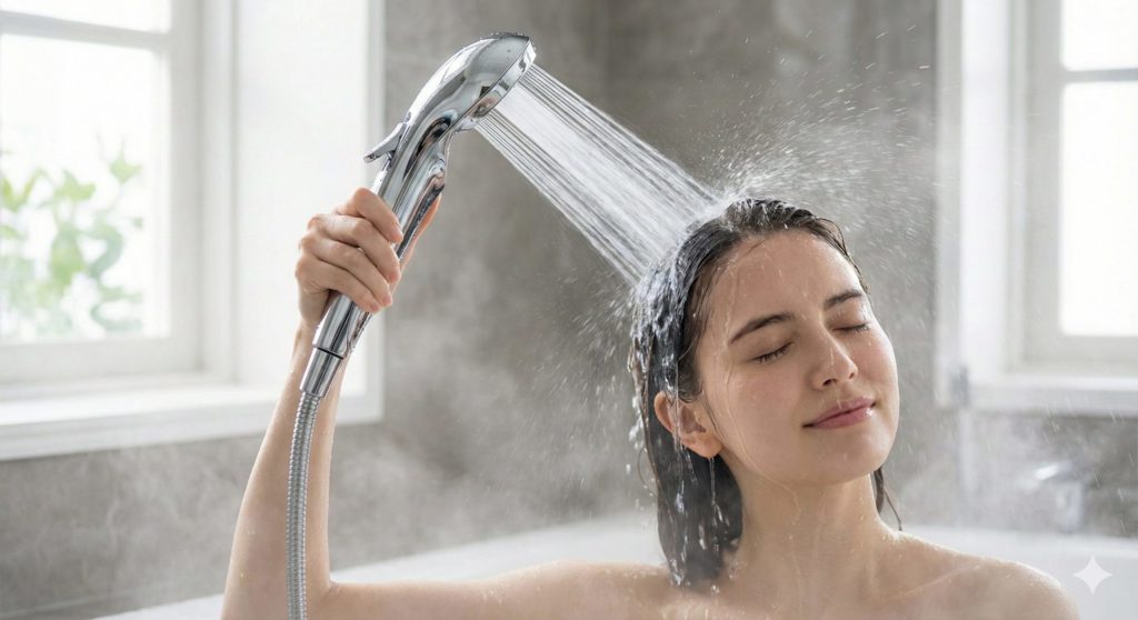 リファファインバブルUのポイントジェットモードで頭皮を刺激しているイメージ画像