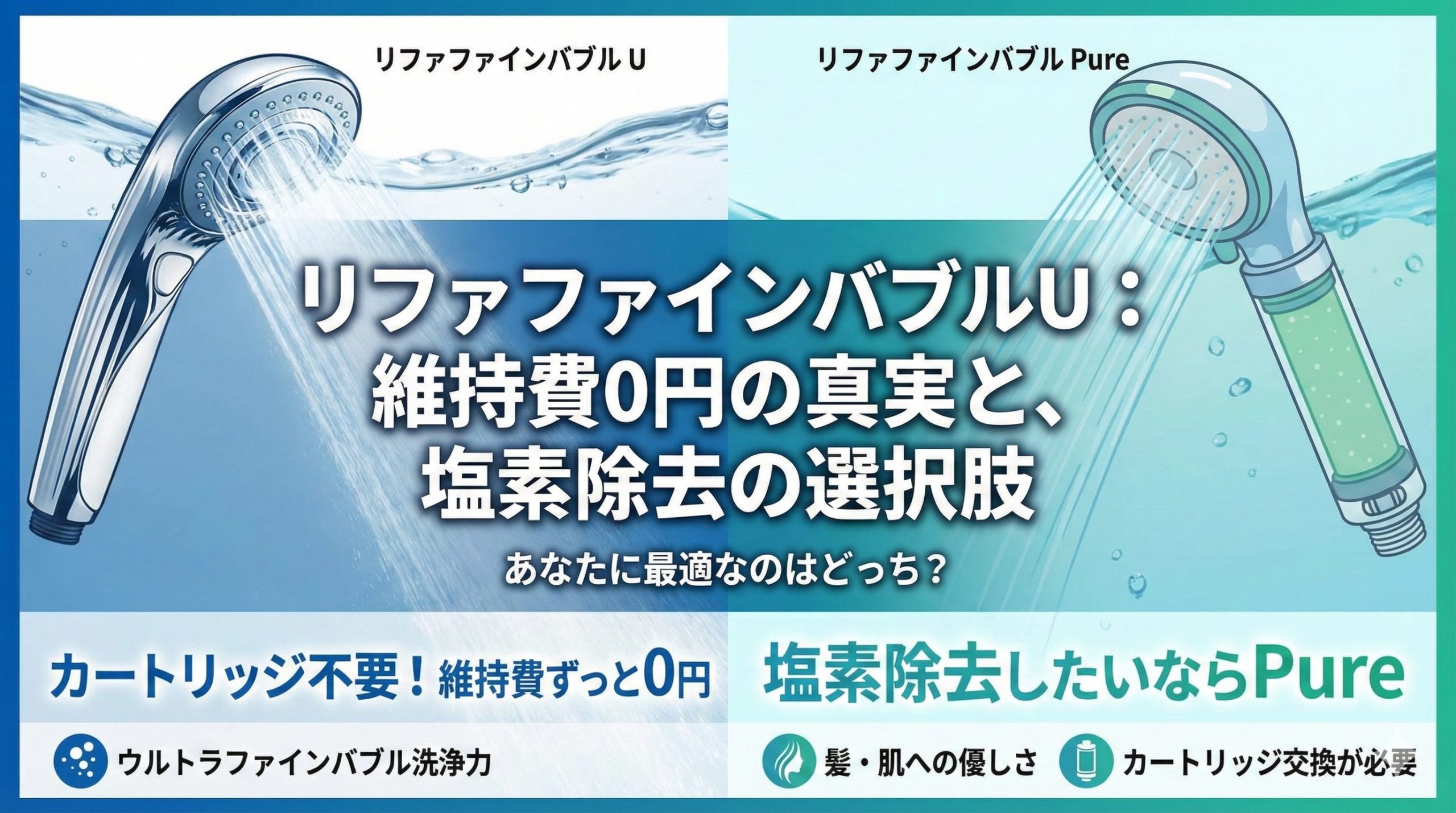 リファのファインバブルU(カートリッジなし)を選ぶかファインバブルPure(塩素除去カートリッジあり)を選ぶかのイメージ画像