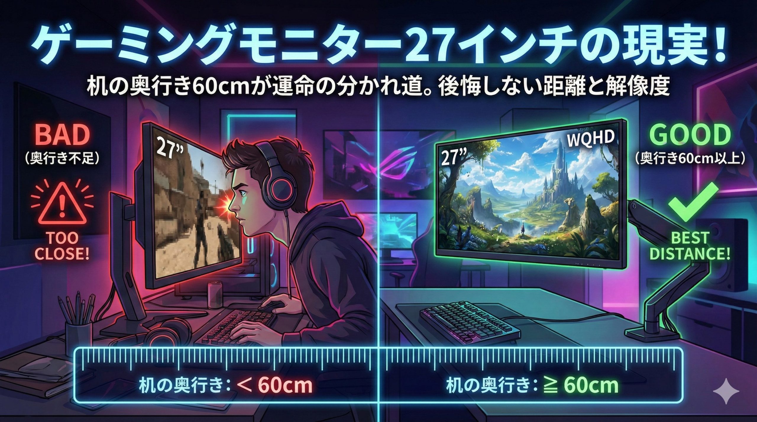 27インチゲーミングモニターの大きさと距離の正解のイメージ画像